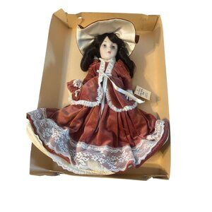 Vintage Lady Anne Porcelain Doll Mauve Velvet Dress Lace Ribbon Original Box
